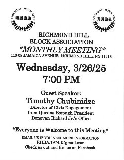 flyer for Richmond Hill Block Association meeting